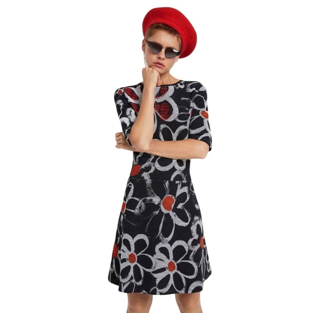 Desigual Womens Floral Ribbed Knit Elbow‎ Sleeve Black Mini Dress Size S